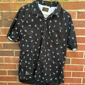 7 Diamonds men’s button down, black with tribal mask pattern